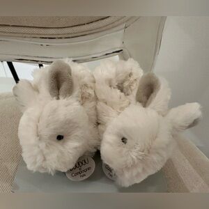 0~6 Mth NWT Doudou et Compagnie Paris White & Beige Plush Rattle Baby Slippers